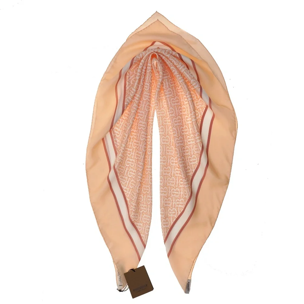 Burberry Silk Square Scarf Alabaster Pink Monogram Print New